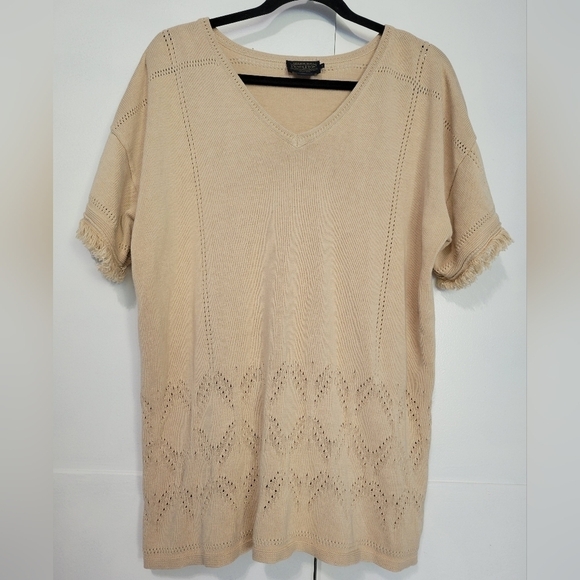 Pendleton Women's Frayed Sleeve Linen Blend Knit Top Size Large in Tan - Picture 1 of 8